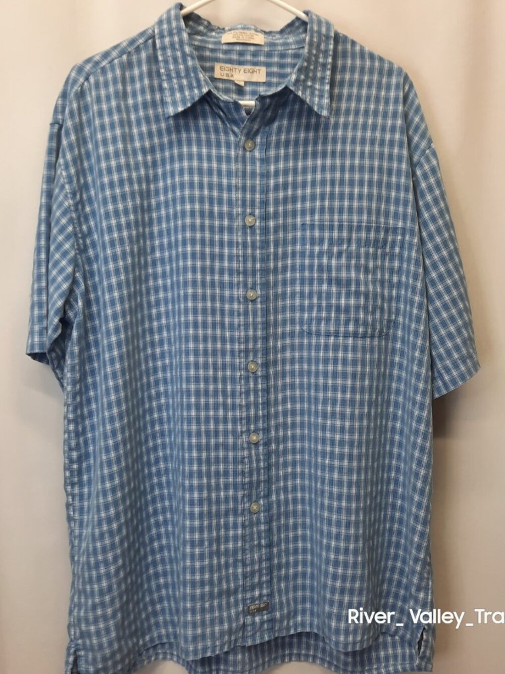 Vintage 90s Eighty Eight USA Mens XL Plaid Button Down Shirt Blue Rayon Blend